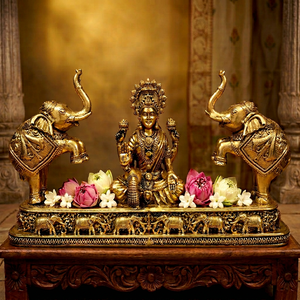 Handmade Brass Gaj Lakshmi <b>Statue</b> with Figures | Diwali Handicraft Goddess Lakshmi Idol for Home Table & Temple Decor - Product Image 1