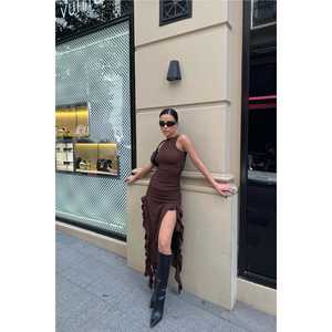 Long Brown Ball Gown <b>Prom</b> <b>Dress</b> with Deep Slit Embroidered Polyester Woven Fabric Empire Waistline Sequined Decoration Size XL - Product Image 4