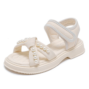 Nouvelles sandales d'été pour étudiantes, à nœuds et perles, semelles souples en caoutchouc, chaussures de princesse pour filles, mode enfant, cuir PU - Product Image 5