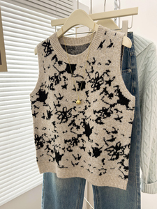 <b>Women</b> Abstract Ink Splatter Print Knit Sweater Vest Loose Sleeveless Round Neck <b>Waistcoat</b> Fall Winter Layering Outerwear OEM ODM - Product Image 2