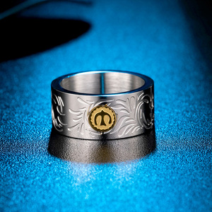 Anillo de banda ancha de acero inoxidable con incrustaciones de oro y diseño de plantas, joyería unisex para uso diario - Product Image 3