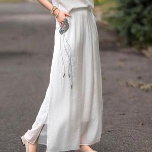 Women's Double Layer Wide Leg Cotton Linen Pants Pink Embroidery Casual Style Spring Summer Breathable Chiffon Trousers - Product Image 4