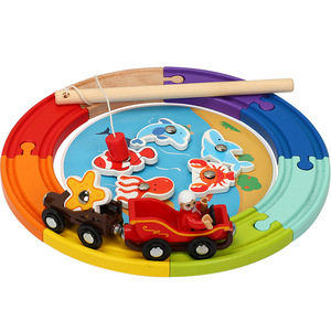 Jeu de train circulaire <span class=keywords><strong>en</strong></span> bois arc-<span class=keywords><strong>en</strong></span>-ciel 2 <span class=keywords><strong>en</strong></span> 1 avec jeu de pêche magnétique d'animaux marins, jouet éducatif à double fonction - Product Image 1