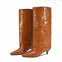 Newluhua femmes large mollet Grunge Western bottes froissé huilé PU cuir Slouch genou haut bout pointu chaton talon tirer sur