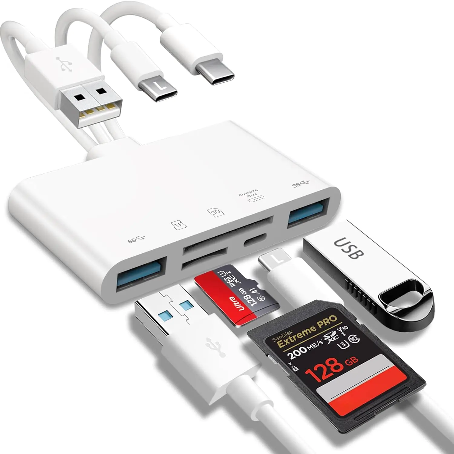 Pembaca kartu memori 5-in-1, adaptor USB OTG & pembaca kartu SD untuk i-phone/i-pad, USB C dan USB A perangkat dengan SDHC/SDXC/MMC