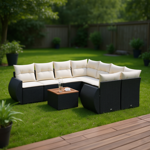 Ensemble de canapés de jardin noir et crème avec coussins, mobilier d'extérieur en rotin, design contemporain et imperméable - Product Image 2