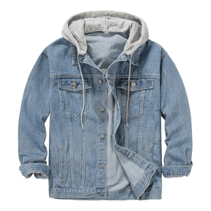 Chaqueta Trucker con Capucha de Mezclilla Desgastada Unisex para Hombre, 100% Algodón Ecológico, Casual, Manga Larga, con Botones, Ropa de Calle, Otoño - Product Image 1