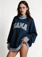 Sweat-shirt à col montant brodé patchwork pour femme, en mélange de coton, manches longues, style décontracté, pull d'automne, vente en gros