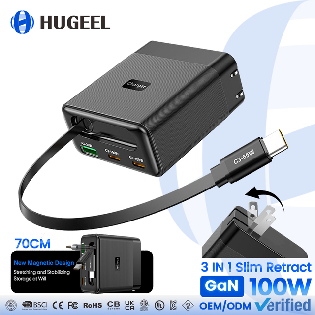 Wholesale 100W GaN Charger 3 in 1 Retractable Cable Fast Charging Foldable Wall Charger for Phone Laptop Multi Port Usb Charger