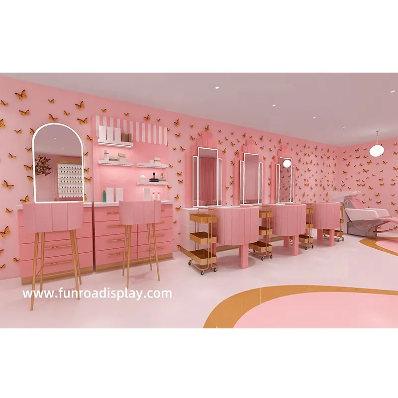 यूएसए नई डिजाइन लक्जरी नेल सैलून गुलाबी नेल सैलून दुकान प्रदर्शन शोकेस मैनीक्योर काउंटर ब्यूटी सैलून फर्नीचर कस्टम