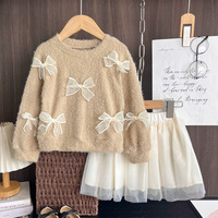 Ensemble deux pièces pour bébé fille avec nœud 3D, pull moelleux et jupe en tulle, tenue décontractée et mignonne pour les fêtes