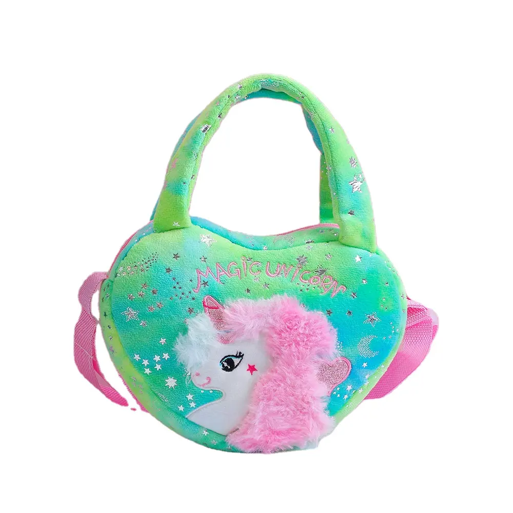 Borsa a tracolla per bambini in peluche con unicorno arcobaleno in peluche 3D borsa a tracolla per bambini mini portamonete con cuore