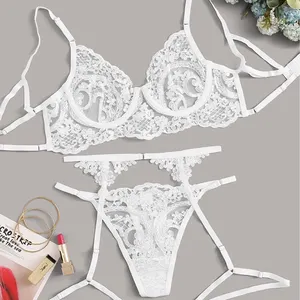 Valentine's Day 3pcs Women Sexy Underwear Lace Sleepwear Briefs Wire Free Bra Suit Lingerie Set With Garter