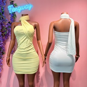 Nouvelle Arrivée 2026 Robe Mini Femme à Col Halter et Une Épaule, Unie, Froncée, Moulante, Style Bandage, Robes Sexy pour Femmes - Product Image 3