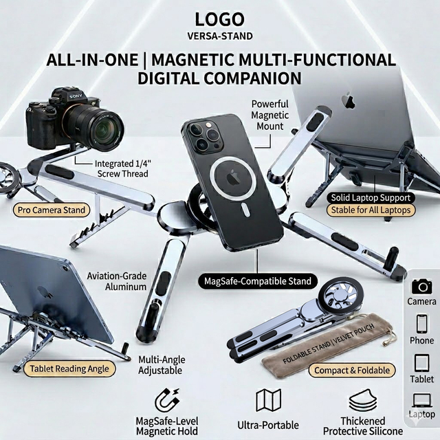 Multi-Function 6-Level Adjustable Aluminum Alloy Tablet Stand - Foldable & Portable Phone Holder for Office Desk Bed and Travel