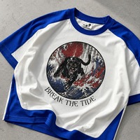 T-shirt Raglan Homme Coupe Décontractée Personnalisé Blanc Bleu Manches Contrastantes Motif Vague Panthère Transfert Thermique Décontracté Manches Courtes