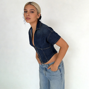 เสื้อยืดคอวีถัก ระบายอากาศได้ดี เป็นมิตรกับสิ่งแวดล้อม สำหรับผู้หญิง ใส่สบายๆ ในฤดูร้อน แขนสั้น สีพื้น มีซิปด้านหน้า - Product Image 4