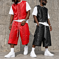 Ensemble streetwear personnalisé en cuir avec patchs, veste zippée, gilet, short et ensemble 2 pièces short en cuir et t-shirt sans manches pour homme