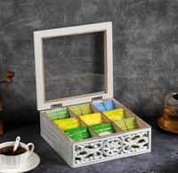 Boîte à thé en bois carrée de luxe moderne en gros d'usine, organisateur de sachets de thé en bois, 9 compartiments, couvercle transparent, rangement de cuisine