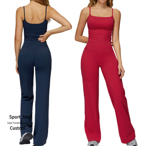 Nouveau 2 pièces Yoga <span class=keywords><strong>costume</strong></span> femmes vêtements <span class=keywords><strong>de</strong></span> sport pantalon à jambe droite Spaghetti sangle Compression <span class=keywords><strong>gilet</strong></span> avec coussinets <span class=keywords><strong>de</strong></span> poitrine Gym Fitness ensembles - Product Image 1