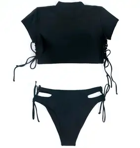 Smocked 2022 couleur unie Sexy Cable Split Bikini, nouveaux maillots de bain européens et américains en gros