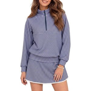 Custom Womens 2 Piece Gingham Set Half Zip Sweatshirt Mini <b>Skort</b> Stand Collar Long Sleeve Preppy Style Above Knee - Product Image 1