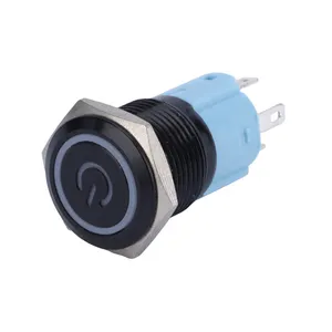 16mm momentary 12V pushbutton Thiết bị chuyển mạch mở khóa đầu Phẳng Màu Đen nhà ở vòng và điện logo chiếu sáng LED nút chuyển đổi