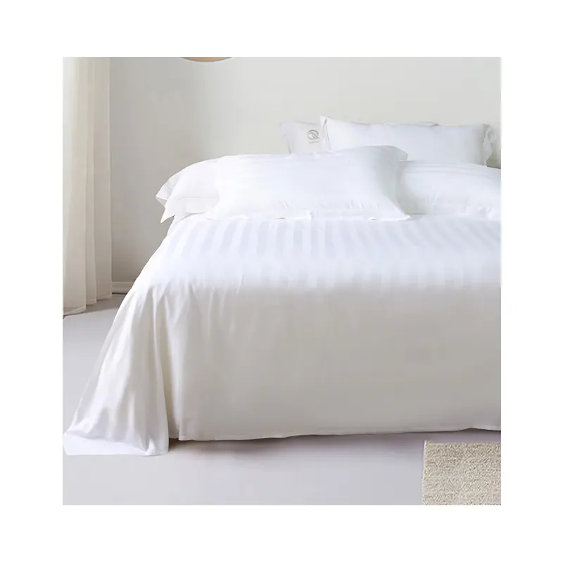 Plain White 6080S 100% Cotton 3cm Stripe Hotel Bedroom long staple combed Cotton Sateen Jacquard Bamboo Bedding Sheet Set