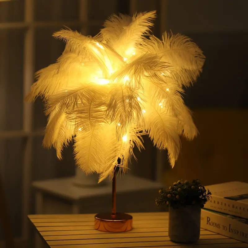 Lámpara de mesa de plumas de alambre de cobre con control remoto, luz nocturna para decoración del hogar