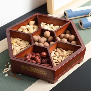 Plato de fruta seca de madera maciza dividido en caja de almacenamiento de seis rejillas con tapa aperitivos boda moderna
