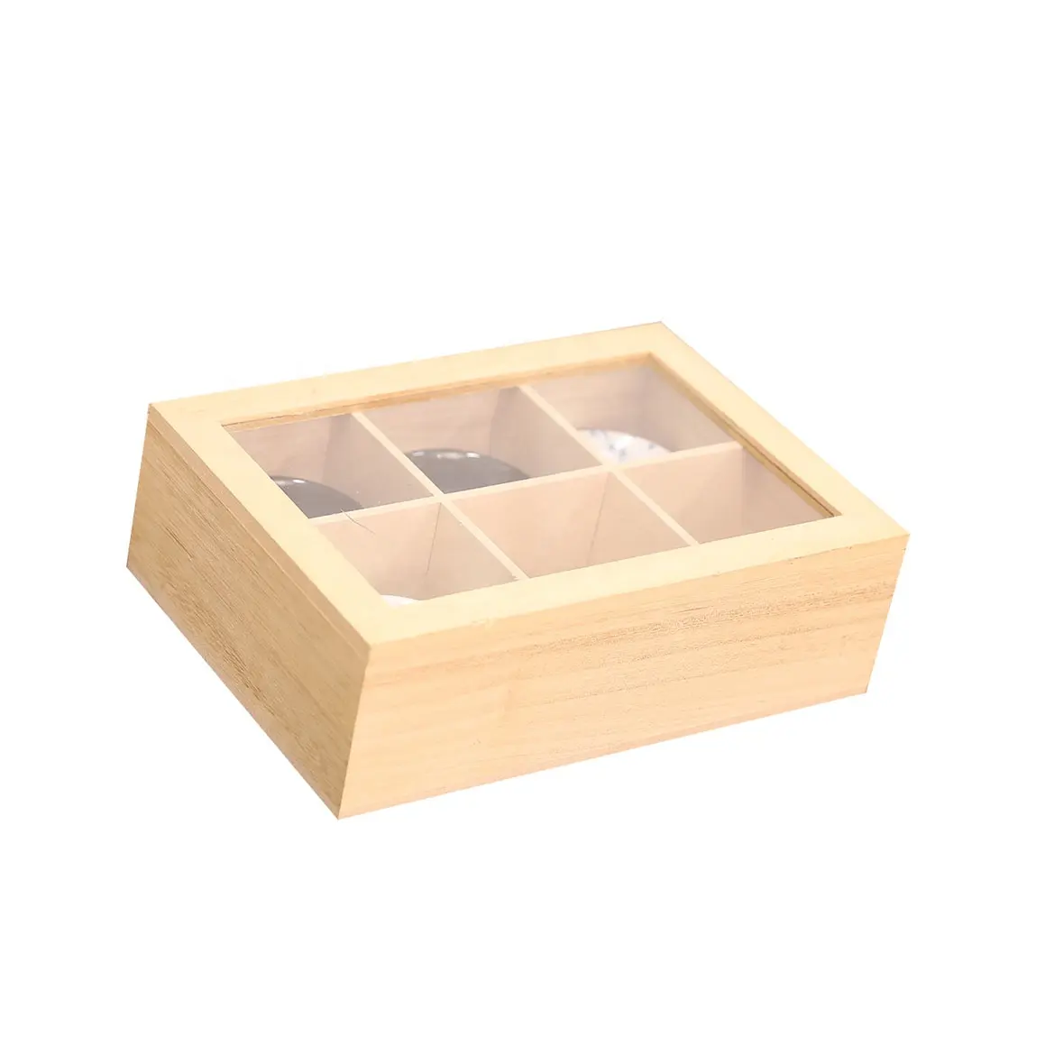 صندوق هدايا خشبي صندوق منظم شاي مخصص 6 أقسام خشب الصنوبر مع غطاء مفصلي