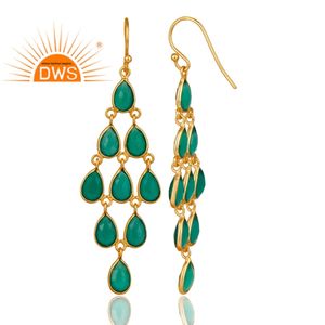 Boucles d'oreilles pendantes plaquées or argenté avec pierre précieuse onyx vert naturel pour femmes - Fabricants - Product Image 2