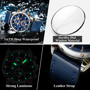Nouvelle montre pour homme POEDAGAR 860, étanche, chronographe lumineux, montres originales pour hommes, montre-bracelet à quartz en cuir pour hommes - Product Image 6