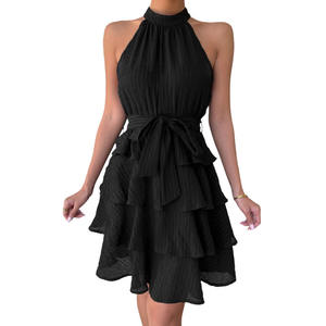 <span class=keywords><strong>Robe</strong></span> Mini Élégante pour Femme à Col Halter et Volants, Sans Manches, Taille Nouée, Coupe Trapèze, Idéale pour Soirées Estivales, Cocktails et Tenues Décontractées - Product Image 5