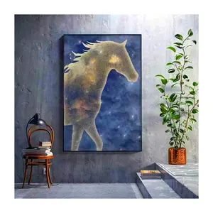 Lukisan dinding kanvas galaksi kuda biru mewah, seni porselen kristal akrilik untuk ruang tamu ruang makan dekorasi rumah 2023