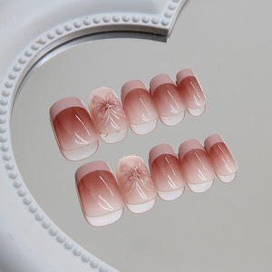24 faux ongles roses à bout français en ABS avec motif papillon 3D, forme carrée, écologiques et réutilisables - Product Image 2