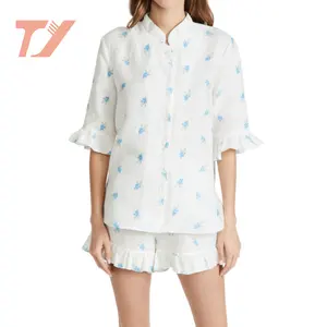 Короткий пижамный комплект на заказ, оптовая продажа от производителя, женская льняная одежда для отдыха с цветочным принтом и оборками