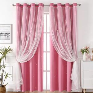 Cortinas Opacas con Ojales Rosas de Doble Capa, 100% Poliéster, Estilo Moderno para Dormitorio de Niñas - Product Image 1