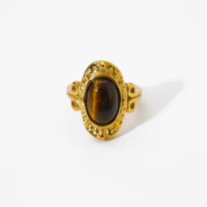 خاتم من الفولاذ المقاوم للصدأ مطلي بالذهب عيار 18 قيراط بتصميم عتيق لعام <span class=keywords><strong>2026</strong></span>، مرصع بحجر عين النمر الطبيعي بنمط المطرقة - Product Image 5