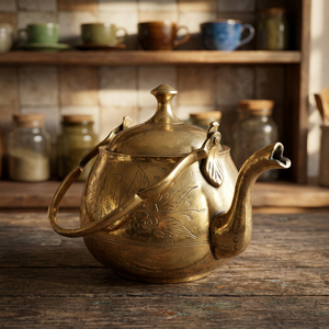 Vintage Brass Tea Kettle With <b>Lid</b> And Handle Floral Engraved Design Water <b>Pot</b> Kettles Metal Decorative Teapot - Product Image 3