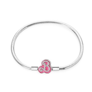 <b>Copper</b> Silver Plated Logo Pink Enamel CZ Snake Chain <b>Bracelet</b> Fit European Charm Beads - Product Image 1