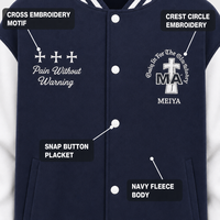 Vestes pour hommes personnalisées bleu marine en laine avec manches en cuir blanc, broderie croix de fer, boutons-pression gothiques côtelés pour streetwear décontracté