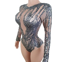 Sexy manches longues pierres cristaux glisser spectacle Performance Costume danseuse justaucorps discothèque fête barboteuses femmes strass body