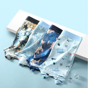 Men's Summer Ultra-Thin Cool Ice Silk Printed <b>Boxer</b> Briefs Large Size Loose Mesh Four-Corner Underwear <b>Custom</b> Logo Waist Fabric - Product Image 1