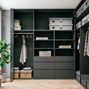 Sistema <span class=keywords><strong>Armadio</strong></span> Modulare Personalizzato Grigio Scuro con Cassetti Profondi e <span class=keywords><strong>Scaffalatura</strong></span> Aperta per Appartamenti Moderni - Product Image 1