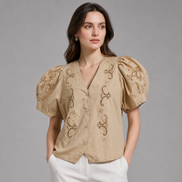 Chemisier femme kaki brodé à œillets, col en V, manches ballon, boutonnage frontal, style vintage, coupe courte, chemise unie d'été