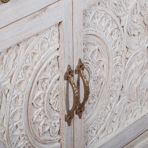 Large Hand-Carved Wooden <b>Sideboard</b> - Whitewashed 4-Door Buffet Cabinet - Boho Chic Media Console - Ornate Floral Credenza - Product Image 5