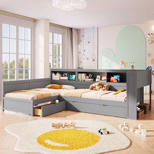 Children Expandable Combination Bed With Bookshelf <b>Storage</b> Charging Multi Bed Bedroom Furniture Grey Color For <b>Kids</b> - Product Image 3