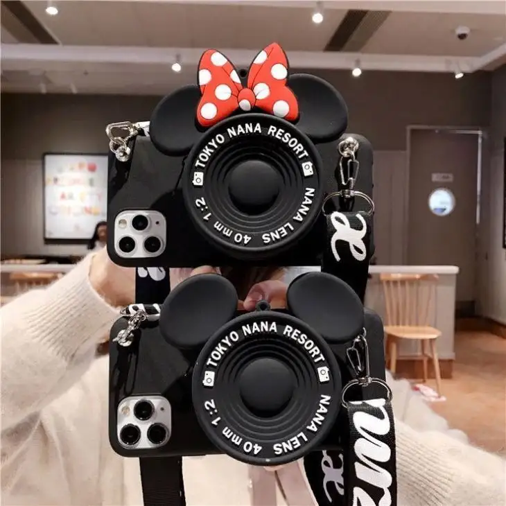 3D kamera karikatür sikke çanta yumuşak telefon iPhone için kılıf 13 12 11 Pro Max 14 artı Mickey Minnie ile kordon kapak