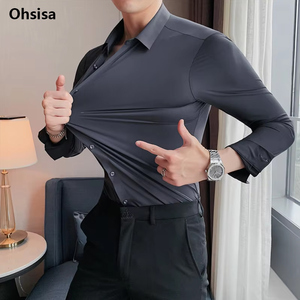 Chemises à Manches Longues pour Hommes, Vente <span class=keywords><strong>en</strong></span> Gros, Nouvelle Collection Printemps, Hauts Extensibles pour Bureau, <span class=keywords><strong>Chemise</strong></span> Décontractée d'Affaires Respirante <span class=keywords><strong>en</strong></span> <span class=keywords><strong>Soie</strong></span> Glacée - Product Image 1